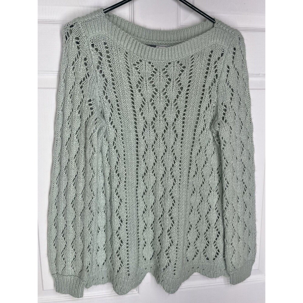 Loft Sweater Open Knit L/S Scalloped Acrylic Wool Blend Light Green Women’s Med.